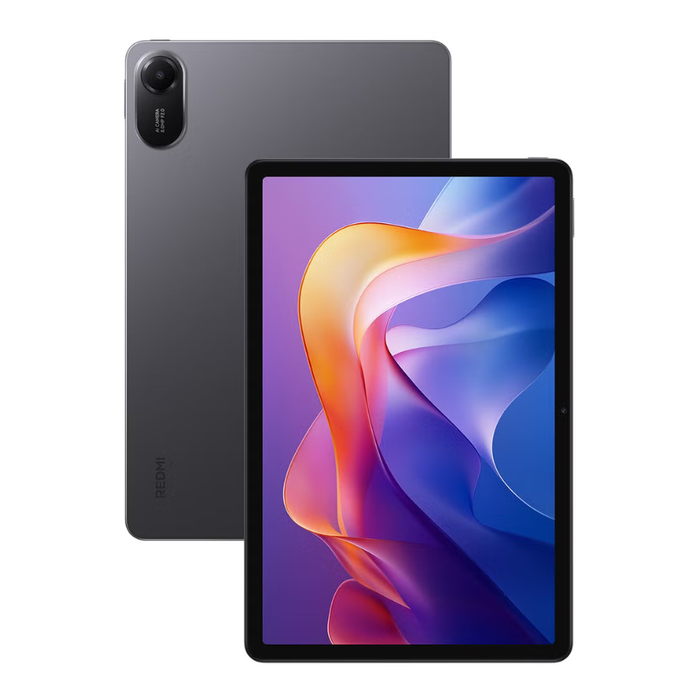 Graphite gray tablet with front display and rear camera module visible