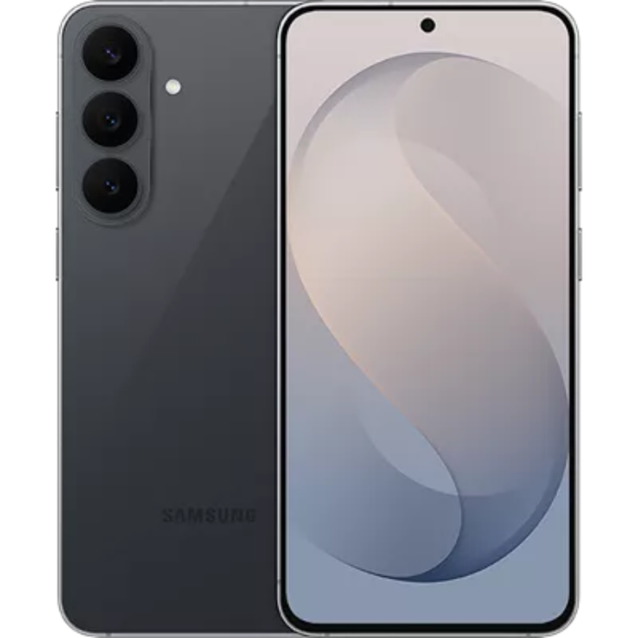 Samsung 5G smartphone in graphite, front and back view with triple rear cameras
