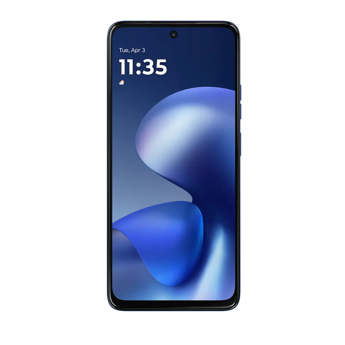 Motorola smartphone front view with blue display and slim bezels