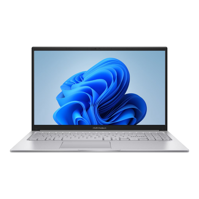 Cool Silver ASUS Vivobook 15 laptop with blue floral display and full keyboard.