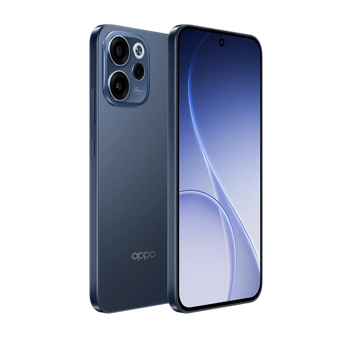 Dark blue smartphone with triple rear cameras and front display