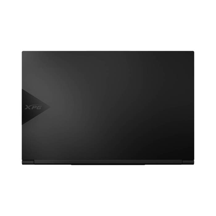 Black gaming laptop closed with XPG logo on top lid