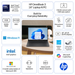 Laptop on a desk with Windows 11 home screen and surrounding feature icons