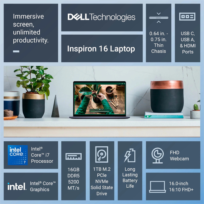 Dell Inspiron 16 Laptop (i5640-7449BLU-PUS) 1TB/16GB RAM Midnight Blue (NEW)