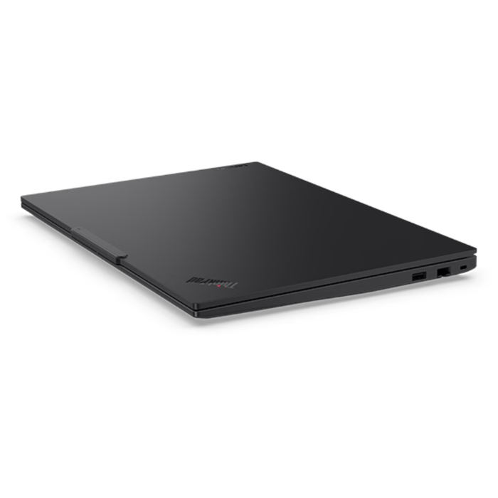 Lenovo ThinkPad E16 laptop side view, black edge with ports and ventilation