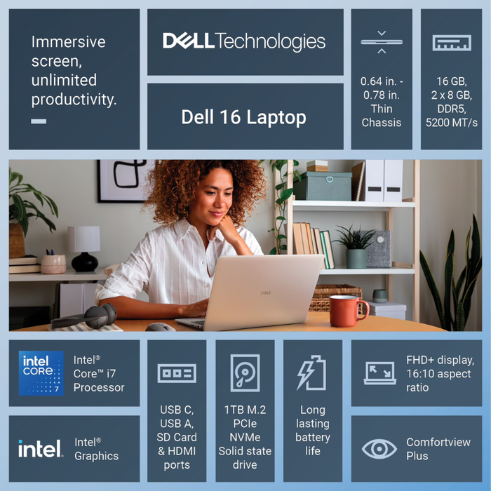 Dell 16" Laptop (DC16251) 1TB/16GB RAM Windows 11 Home Platinum Silver (New)