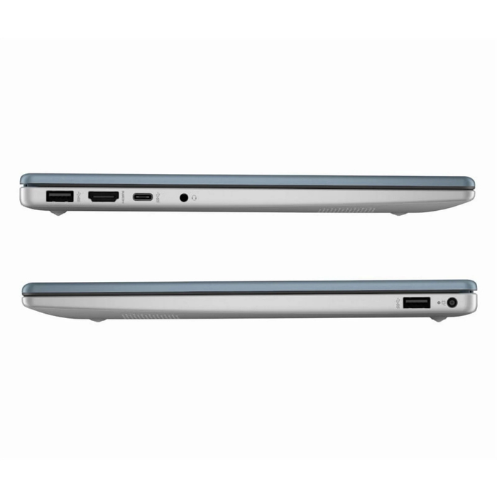 HP 14z-em000 laptop side view, USB and audio ports on silver body