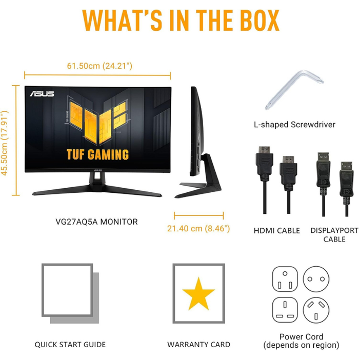 Monitor box contents: quick start guide, warranty card, cables, L-shaped screwdriver