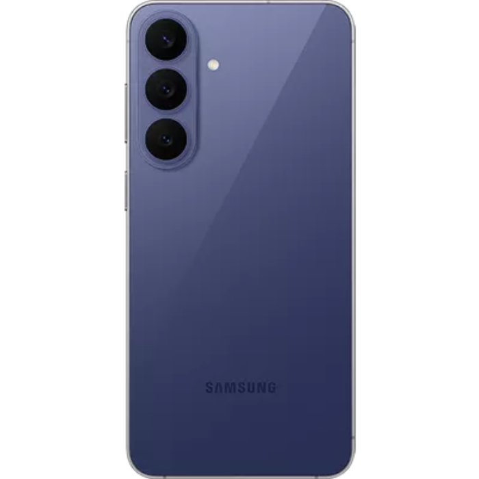 Samsung 5G smartphone in blueberry, back view with triple rear camera lenses