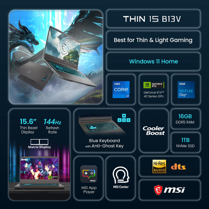 Gaming laptop feature graphic with Blue keyboard, Windows 11 Home and 16GB/1TB