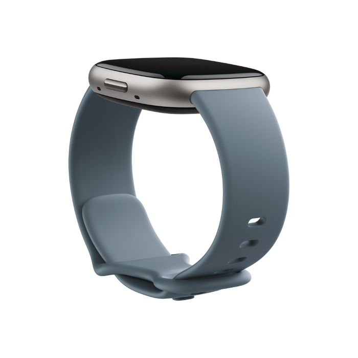 Smartwatch with blue silicone band and side button details on silver-tone case