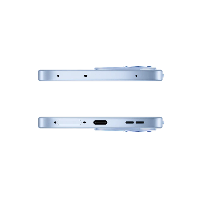 Aurora blue Oppo Reno smartphone side ports view with buttons and speaker opening
