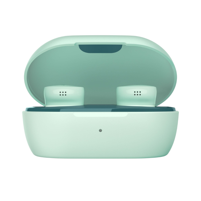 Bose QuietComfort Dewdrop Mint wireless earbuds in charging case, open front view
