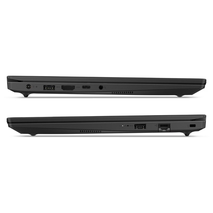 Black Lenovo laptop side view showing multiple ports and headphone/mic openings
