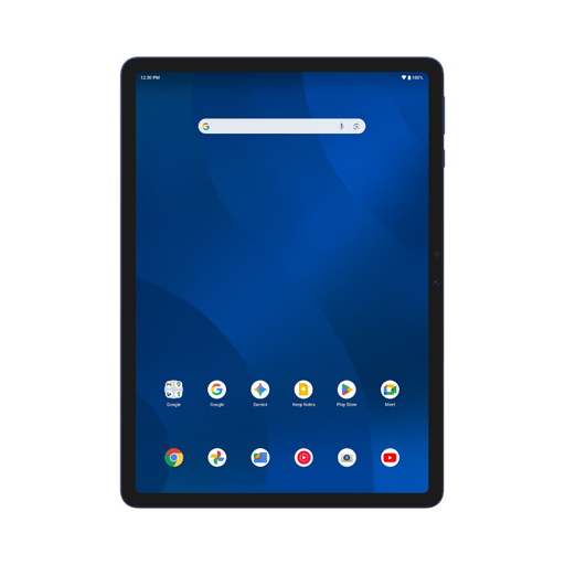 11-inch Android tablet, dark navy front with app icons on screen