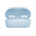 Light blue wireless earbuds charging case open, earbuds visible with grille vents