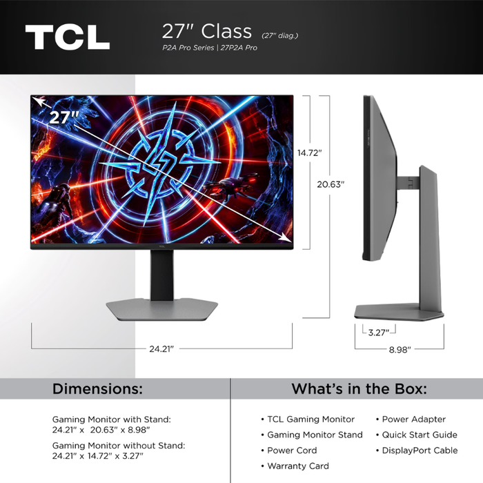 TCL P2A Pro 27” (27P2A) QHD Mini LED Gaming Monitor 320Hz 1ms Black (New)
