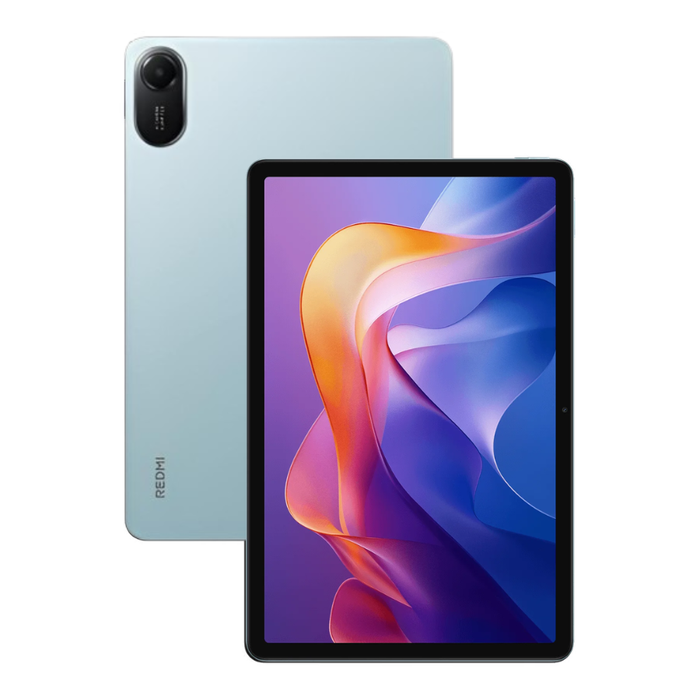 Redmi Pad 2 tablet with light blue back and front display showing colorful wallpaper