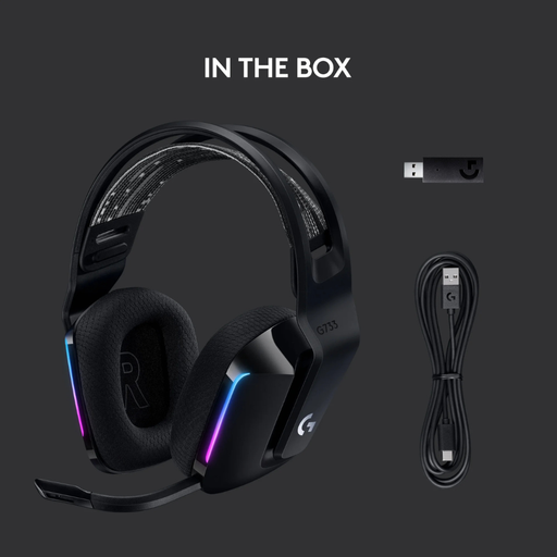 Black wireless gaming headset with USB dongle and charging cable included.