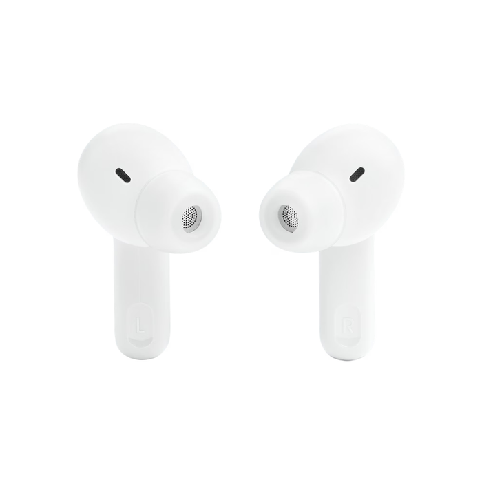 White JBL Tune Beam earbuds with speaker grilles and control marks, left and right