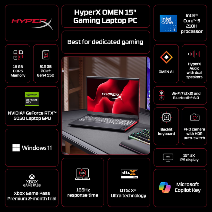 HP HyperX OMEN 15.3" Intel Core 5 210H Processor 512GB/16GB RAM Windows 11 Home Iridescent Black (New)