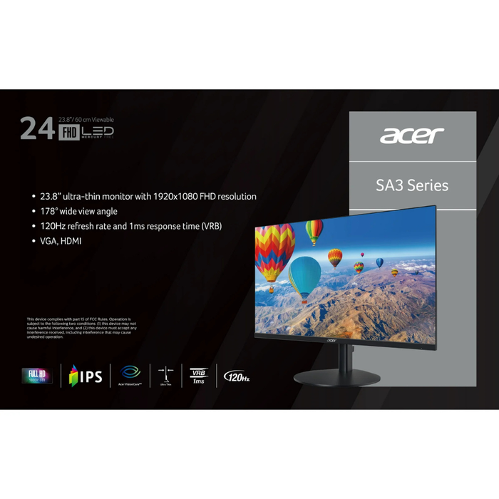 23.8" black FHD LED monitor, SA3 Series label, VGA/HDMI