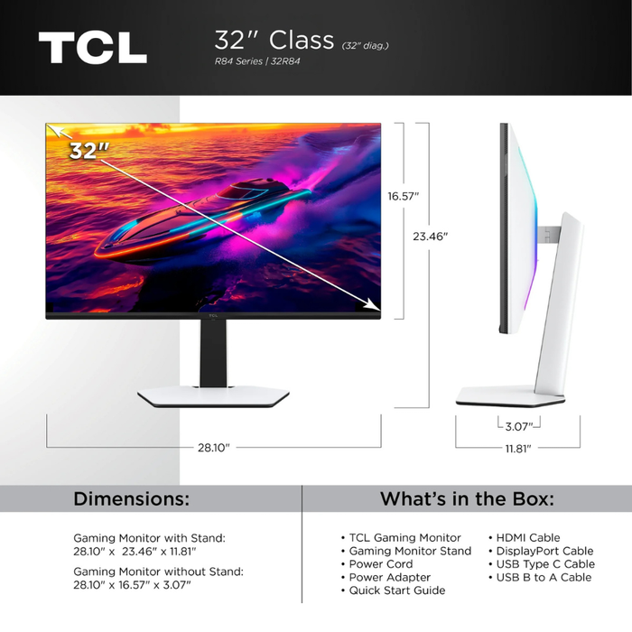 White 32-inch monitor with stand, side profile and size dimensions shown
