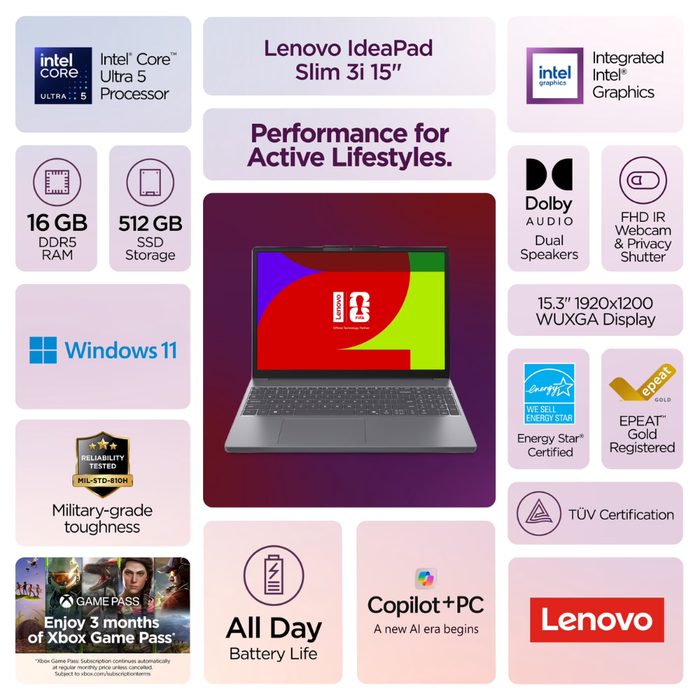 Lenovo IdeaPad Slim 3i Gen 11 15.3" Touchscreen Intel Core Ultra 5 512GB/16GB RAM Windows 11 Home Luna Grey (New)