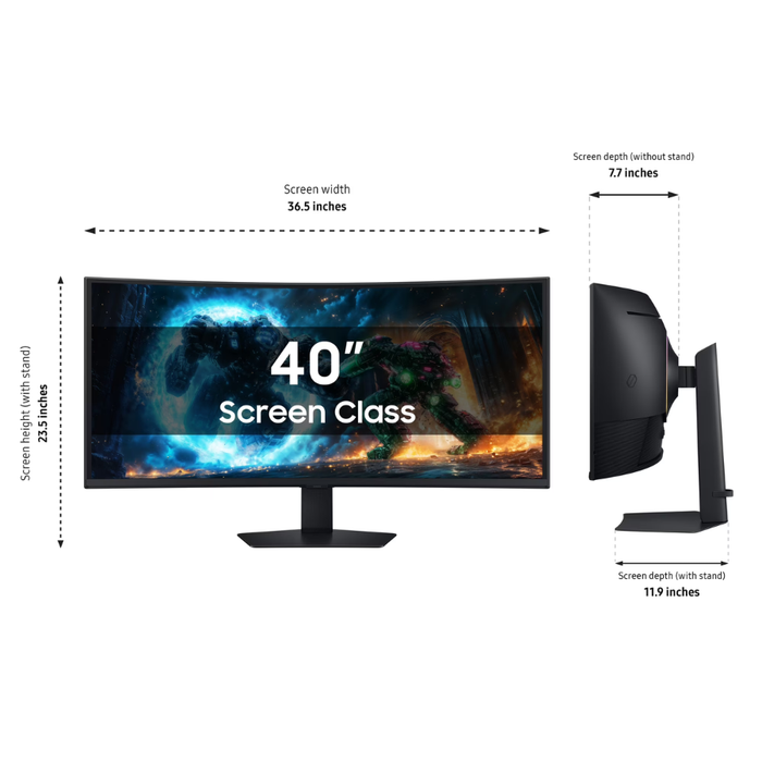 40-inch curved gaming monitor with size measurements and black stand, side view.