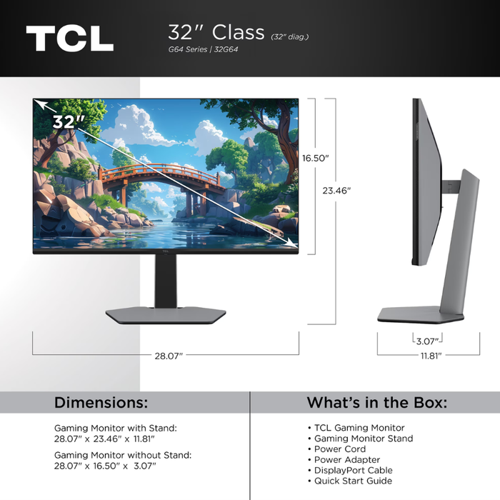TCL G64 32" (32G64) QHD HDR QD-Mini LED Gaming Monitor 180Hz 1ms Gray (New)