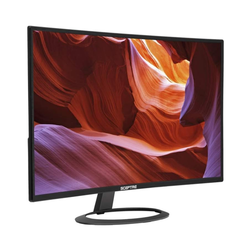 Black curved LED widescreen monitor on stand, front view