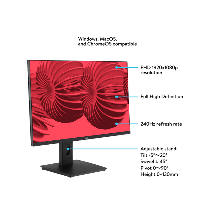 Onn 27" Gaming Monitor FHD (1920 x 1080p) 240Hz 1ms AMD FreeSync with Cables Black (New)