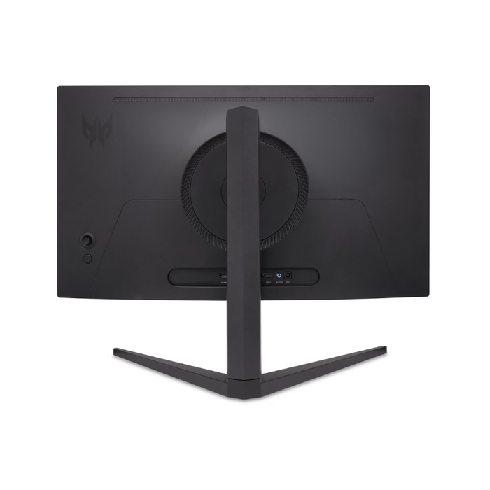 Black gaming monitor back view with central stand and control bar.