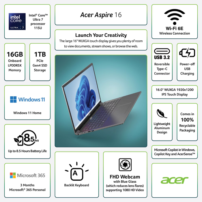 Acer Aspire 16 (A16-71MT-74YK) 1TB/16GB RAM Windows 11 Home Steel Gray (New)