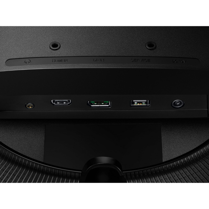 Black monitor rear ports panel: HDMI IN, DP IN, SERVICE, DC 12V
