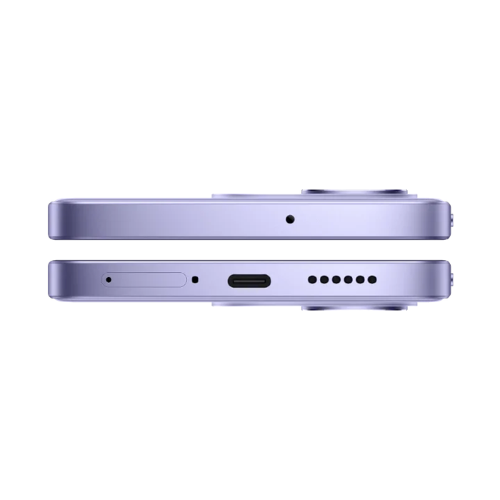 Celestial Purple phone side view with USB-C port, buttons, and speaker grille