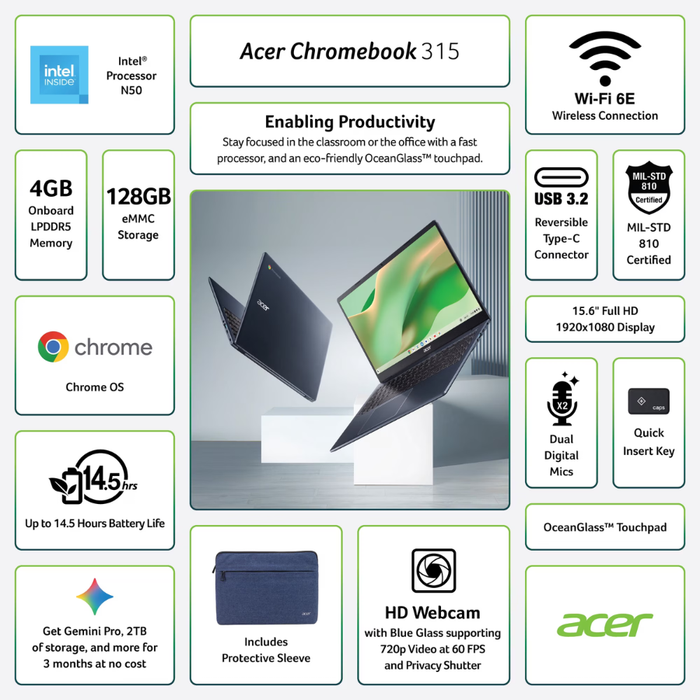 Acer Chromebook 315 15.6" (CB315-7H-C7F8) 128GB/4GB RAM Elemental Blue (New)