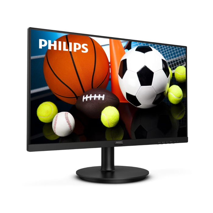Black Philips V Line 24in VA monitor with sports balls graphic on screen