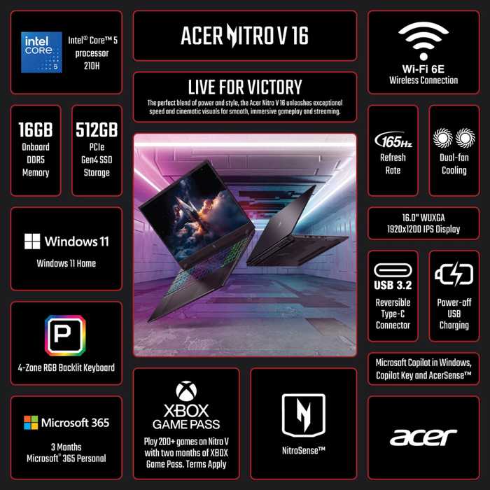 Acer Nitro V 16” WUXGA Gaming Laptop Windows 11 Home 512GB/16GB RAM Obsidian Black (New)