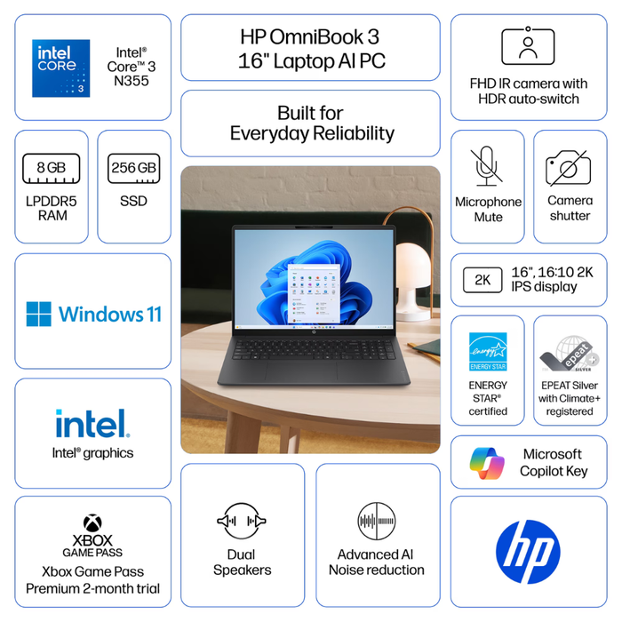 HP OmniBook 3 16-inch laptop feature icons: 8GB RAM and 256GB SSD