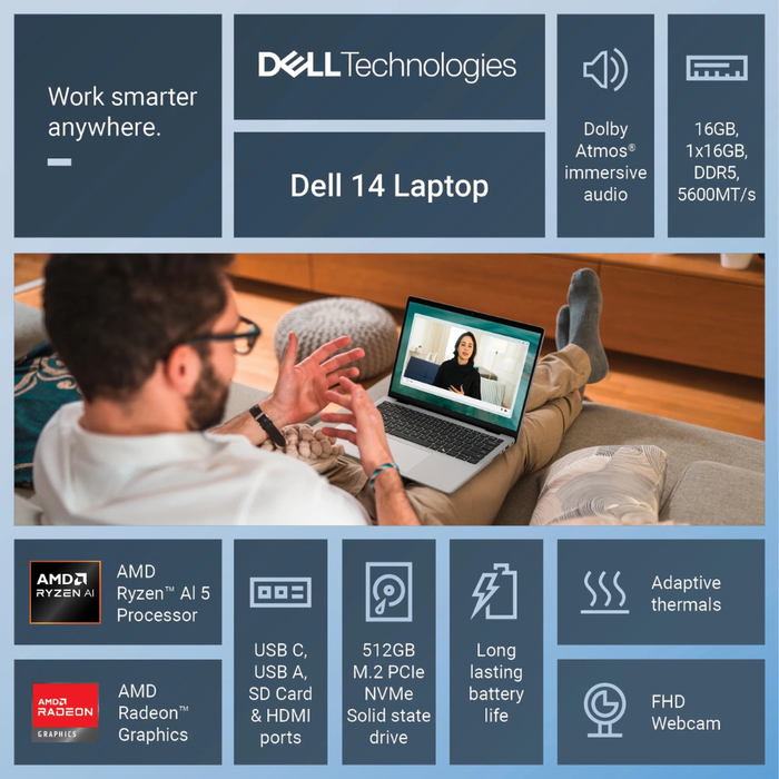 Dell 14" laptop shown in use with screen and keyboard visible; FHD webcam and 16GB RAM