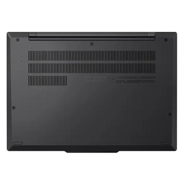 Lenovo ThinkPad T14s laptop bottom in black with vent grilles and regulatory label