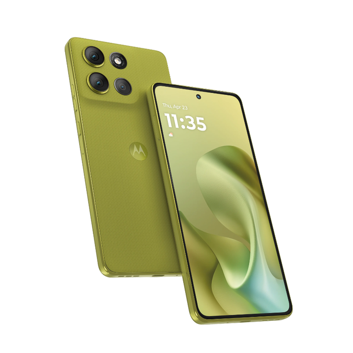 Moto G86 Power 5G smartphone, green back and front with home screen display