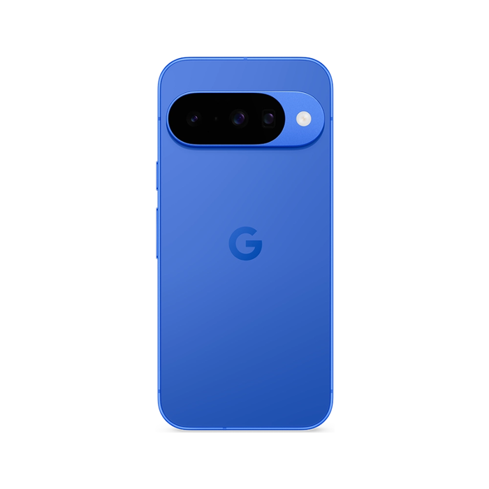 Smartphone with blue back and camera bar, Google logo on center