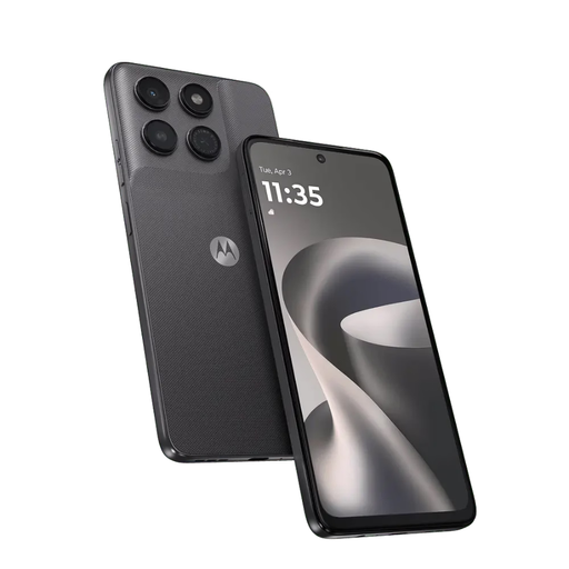 Black Motorola smartphone front and back view with quad-camera module and display