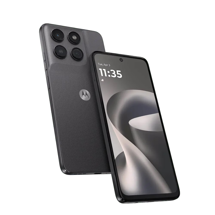 Black Motorola smartphone front and back view with quad-camera module and display