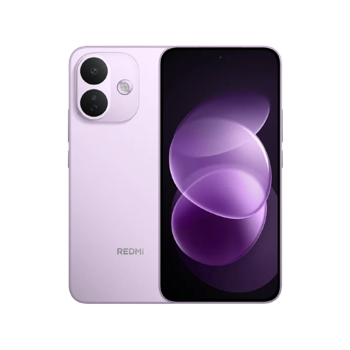 Purple Xiaomi smartphone with dual rear cameras and front display showing abstract purple art