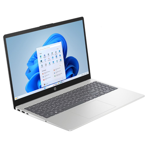 HP 15.6-inch laptop in Natural Silver, angled open view with Windows 11
