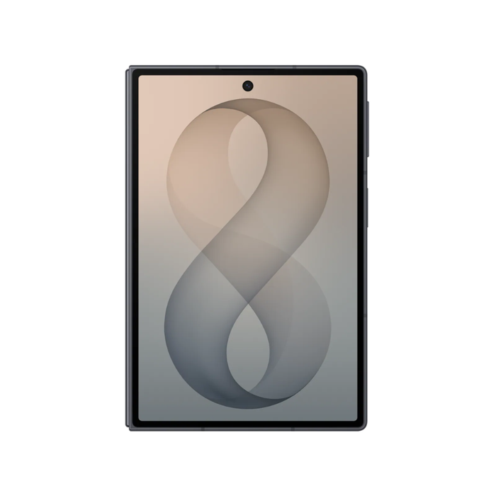 Graphite foldable smartphone standing open with front display visible
