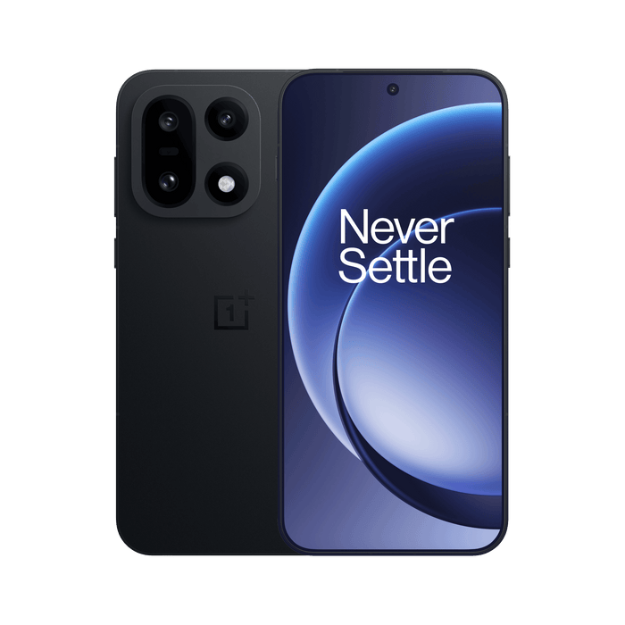 Infinite Black OnePlus 5G phone with triple rear cameras and Never Settle screen